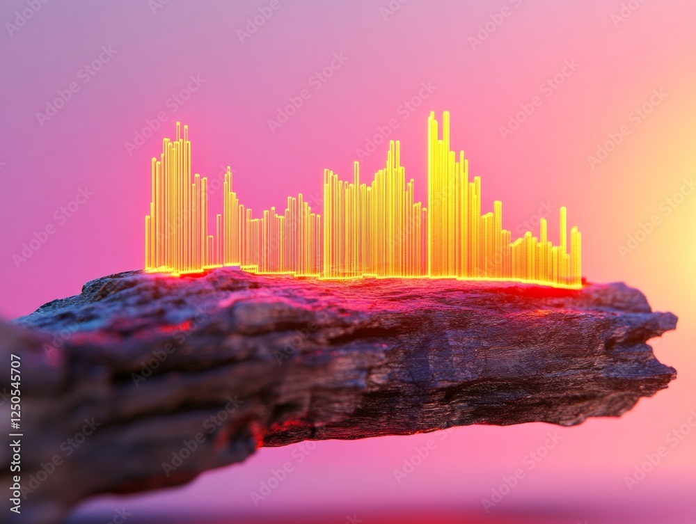 Poster neon geometric data futuristic visualization on raw stone, highlighting seismic insights for tech an