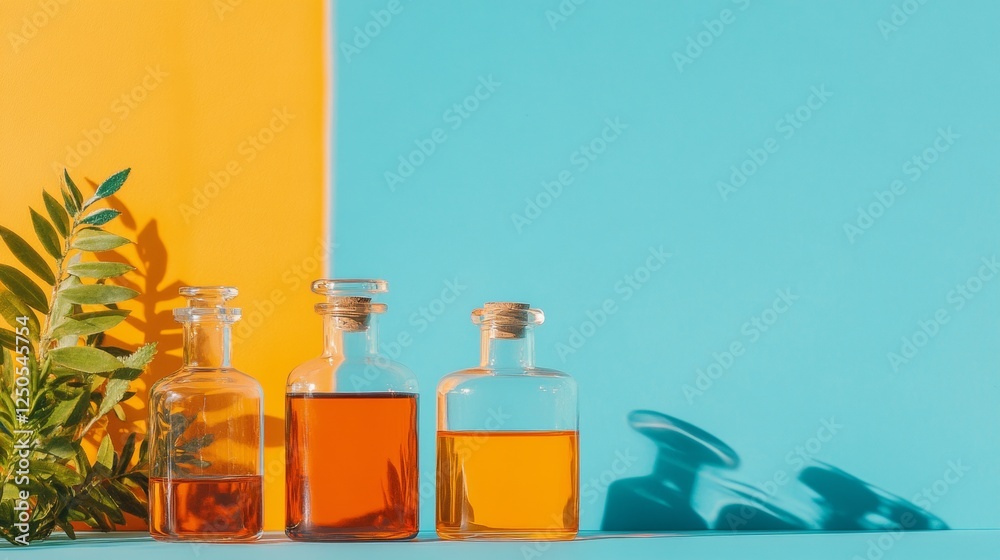 Aufkleber vibrant stem lab display colorful glassware on bold background with greenery - contemporary scientif