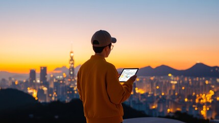 Fototapeta premium Futuristic Urban Mobility Young Korean Architect with Digital Tablet on Rooftop, Illuminated Cityscape Background - Innovative Smart City Planning and Transport Solutions