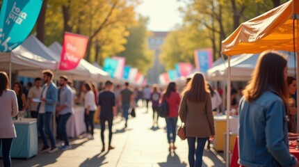 A lively outdoor internship fair with colorful booths and banners on a sunny day, people in the background networking, focusing on career opportunities