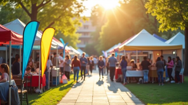 A lively outdoor internship fair with colorful booths and banners on a sunny day, people in the background networking, focusing on career opportunities