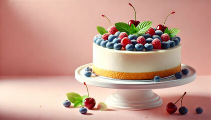 Berry Topped Cheesecake Delicious Dessert Cake with Fresh Blueberries, Raspberries, and Cherries, Presented on a White Pedestal Against a Soft Pink Background for Food Photography.
