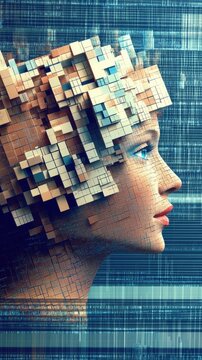 A mesmerizing profile of a woman composed of cubic patterns, representing the fusion of technology and human identity in a digital age filled with creativity and exploration.