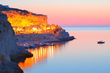 Sunset-Kissed Coastal Heritage Illuminated Cliffside Village with Docked Boats - Scenic Travel Imagery for Cultural Tourism and Destination Marketing, Warm Tones and Natural Beauty