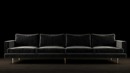 A luxurious charcoal black velvet sofa with tufted backrest and brass legs