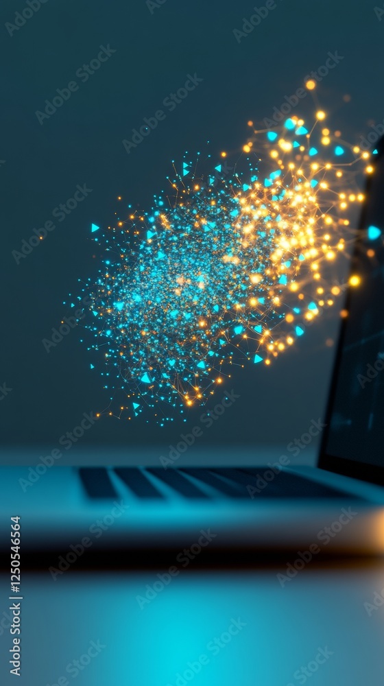 Poster Holographic AI-Driven E-Learning Interface Futuristic Data Network Over Laptop for EdTech Innovation and Virtual Education Solutions