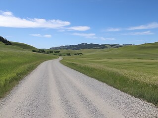 Fototapeta premium A gravel road leading through a vast green meadow and gently rolling hills