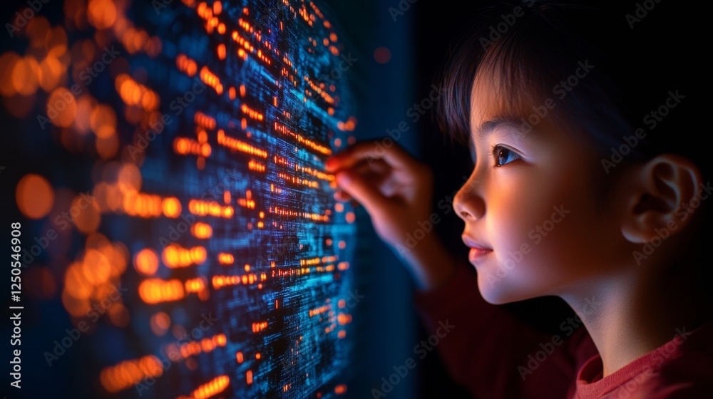 Aufkleber Futuristic AI Learning Interface Diverse Students Engaging with Interactive Math Problem on Illuminated Touchscreen - Advancing EdTech and STEM in High-Tech Classrooms