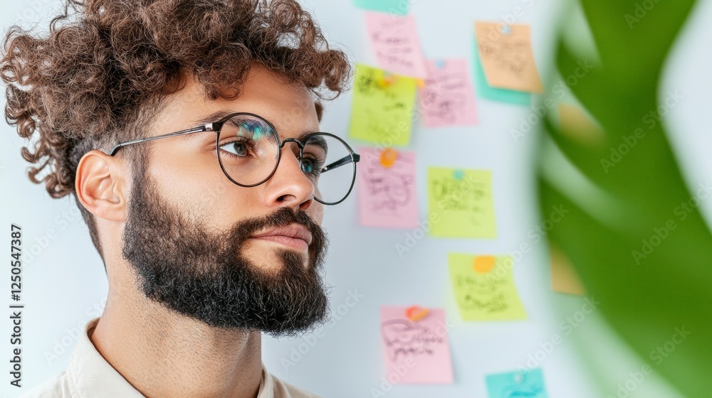 Poster modern multicultural collaboration professionals with minimalist whiteboard and sticky notes in brig