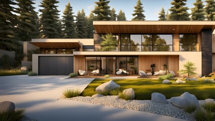 Modern house with large windows and landscaped garden surrounded by trees and rocks.
