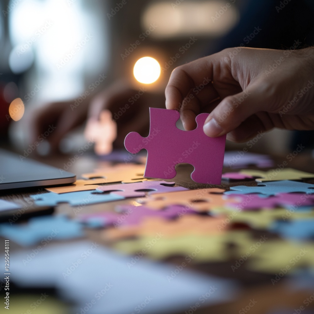 Fototapete collaborative office vibe diverse hands aligning puzzle pieces on rustic table - empowering corporat