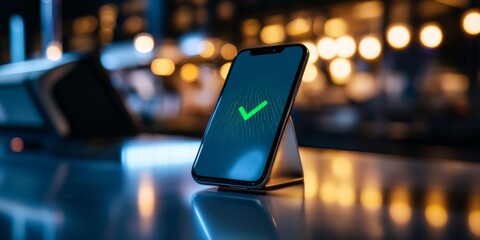 Minimalist Cashless Transaction Smartphone Payment Confirmation on Sleek Glass Counter - Revolutionizing Urban Retail Tech and Digital Consumer Experience in Trendy Cafes