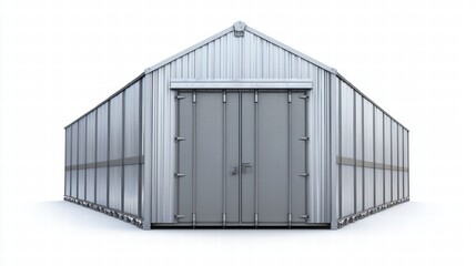Obraz premium Modern Steel Structure: A contemporary industrial structure, constructed from silver metal, showcasing a symmetrical design and a sturdy appearance, ideal for storage or commercial purposes.