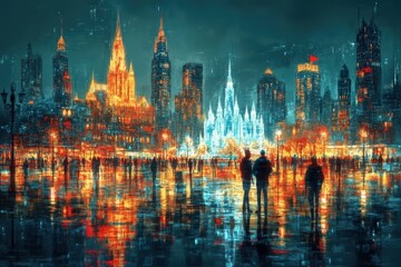Fototapeta premium A vibrant city skyline illuminated at night, featuring colorful lights reflecting on wet surfaces, creating a magical, dreamy atmosphere.