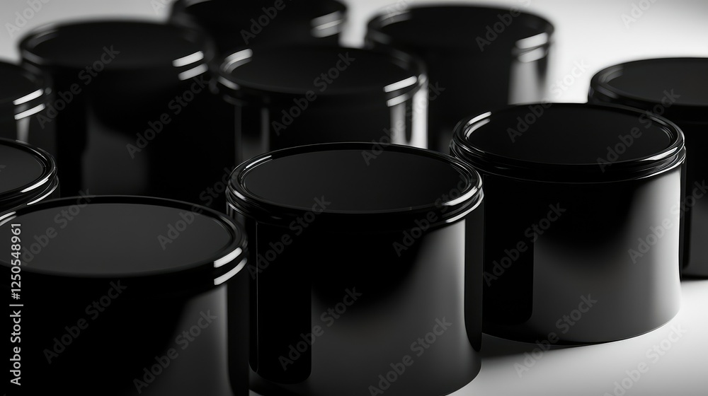 Poster close-up view of glossy black containers arranged on a softly lit surface with subtle shadows creati