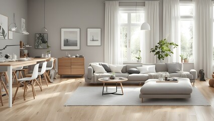 Fototapeta premium Modern living room with a cozy atmosphere and natural light.