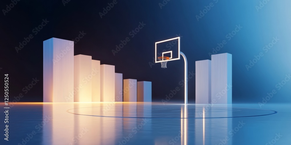 Poster futuristic neon basketball court installation metallized hoops and backboard in dynamic sport spaces