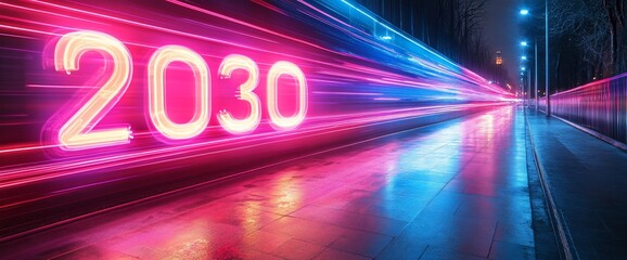 Neon 2030 sign on a futuristic city street at night.