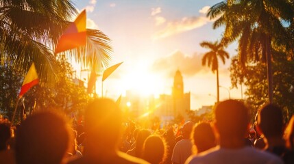 Vibrant Patriotic Crowd Diverse Individuals Waving Flags in Sunlit City Square - Cultural Tourism...