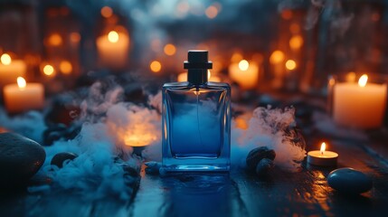 Elegant blue perfume bottle with candlelit ambiance on rustic wood table