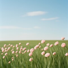 Fototapeta premium Eco-friendly Landscape Imagery Vast Green Meadow with Swaying Wildflowers Under Clear Skies - Sustainable Content for Environmental Campaigns and Nature-inspired Branding