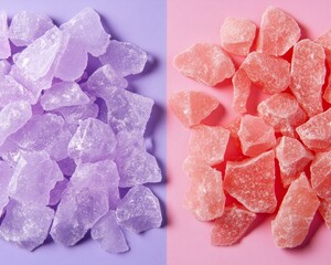 Vibrant Snack Branding Magenta and Purple Candy Crystals with Dynamic Texture for Street Food Marketing and Trendy Party Catering - Energetic Visual Content and Global Flavor Promotion