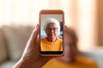 Contemporary Telehealth in Modern Living Room Elder Hand with Smartphone Telemedicine App and Doctor Video Call - Connected Home Care and Digital Wellness Solutions