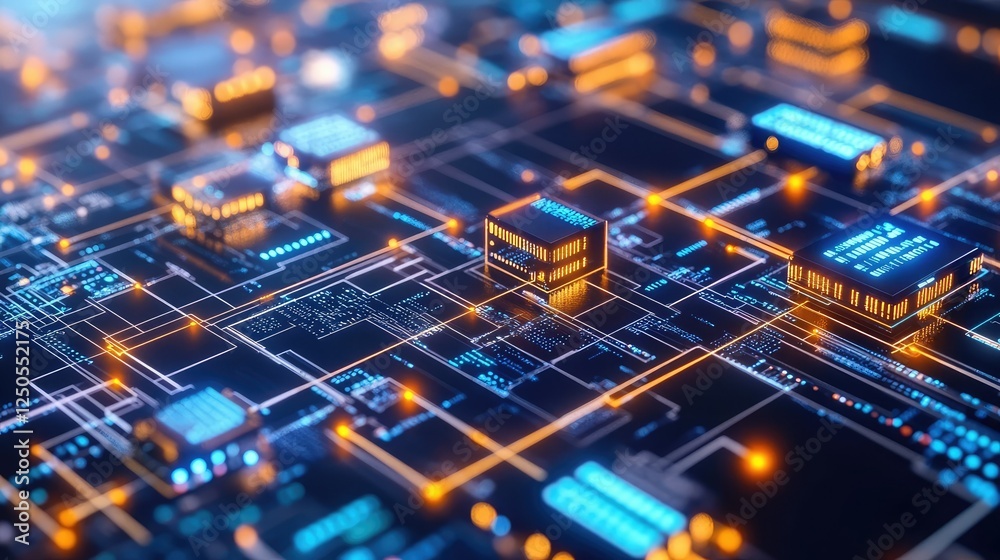 Poster abstract technology background with glowing circuits and digital data processing, featuring vibrant 