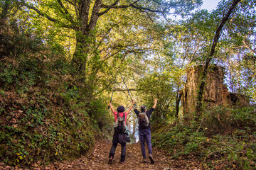Obraz premium Two hikers are raising their trekking poles in celebration as they approach old ruins in a dense forest, enjoying the tranquility and accomplishment of their journey