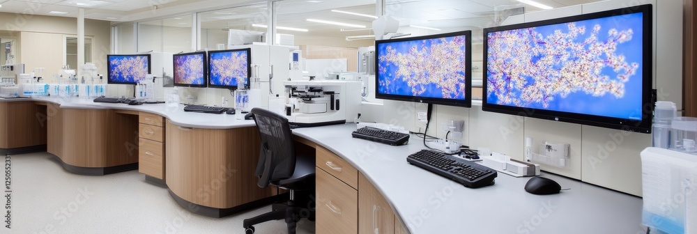 Poster minimalist lab design digital microscope stations with molecular displays and curved desks - advance