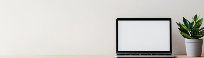 Obraz premium A minimalist workspace featuring a laptop with a blank screen beside a potted plant, set against a light-colored wall.