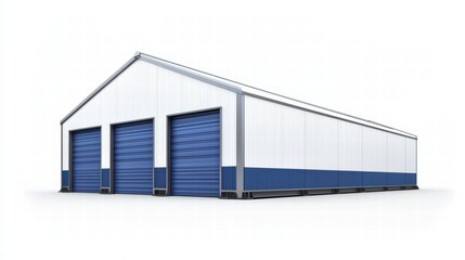 Fototapeta premium Triple-Door Steel Garage: A spacious, modern steel garage featuring three large, blue roll-up doors, offering ample storage and workspace.
