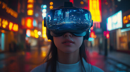 Young woman exploring virtual reality with futuristic cityscape. AI Generated Images

