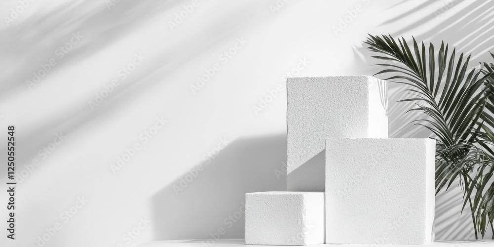 Poster minimalist studio podium design textured white block arrangement with palm shadows - modern visual c