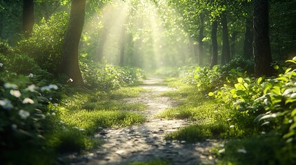 Fototapeta premium Sunbeams Filtering Through a Forest Path