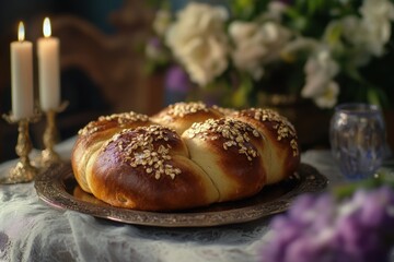 Freshly baked bread on a rustic table with candles