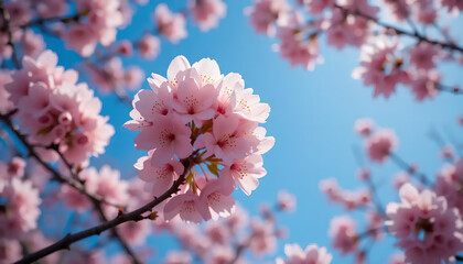 Obraz premium Delicate Pink Cherry Blossoms Bloom Against a Vibrant Blue Sky