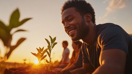 Golden-Hour Reforestation Diverse Volunteers Engaging in Tree Planting with Natural Tools and Saplings - Community Climate Action and Eco-Friendly Campaigns