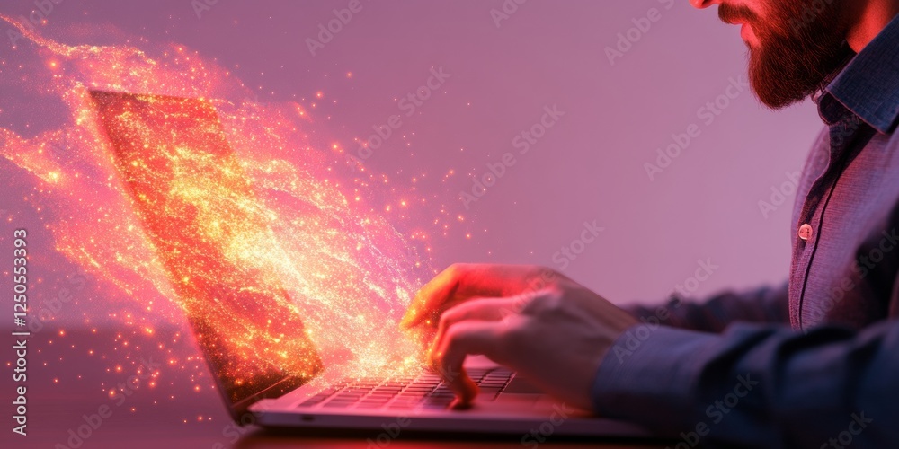 Poster futuristic digital workspace holographic interface on metallic laptop for modern office - enhancing 