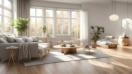 Fototapeta premium A modern, sunlit living room with plants, cozy furniture, and a warm atmosphere.