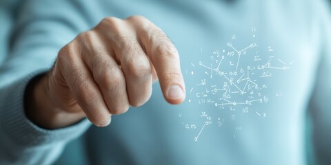 Interactive Math Visualization Hand Hovering Over Holographic Algebraic Equations on Digital Interface - Modern EdTech Engagement in Interactive Learning Environments