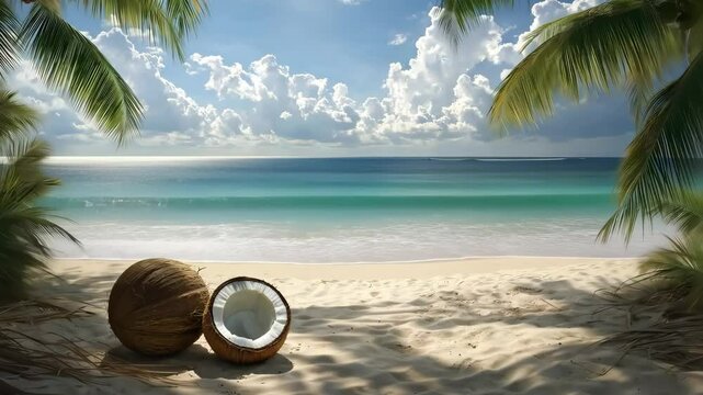 Waves softly lap against the shore as two coconuts lie nestled in warm sand, surrounded by swaying palms and a breathtaking view of the tranquil sea.