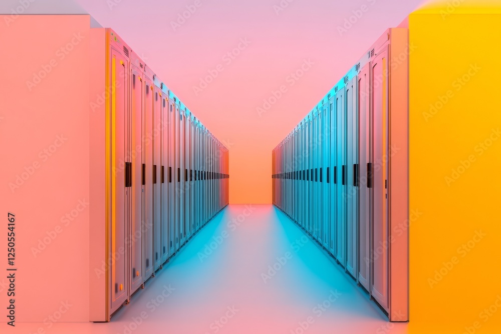 Poster Vibrant Gradient Data Center Corridor Sleek Metal Server Cabinets with LED Indicators - Optimized Cloud Computing for Tech Enterprises and Digital Infrastructure Management