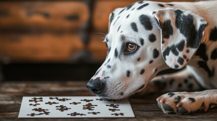 Curious dalmatian observing a blank puzzle board home pet photography cozy living room side view exploration