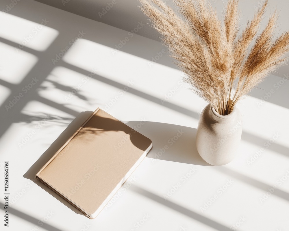 Aufkleber minimalist workspace design light wood desk with pampas grass vase and notebook - eco-friendly home 