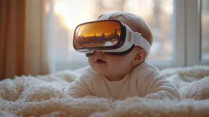 Baby wearing virtual reality headset, exploring a digital world while lying in a cozy indoor environment. AI Generated Images