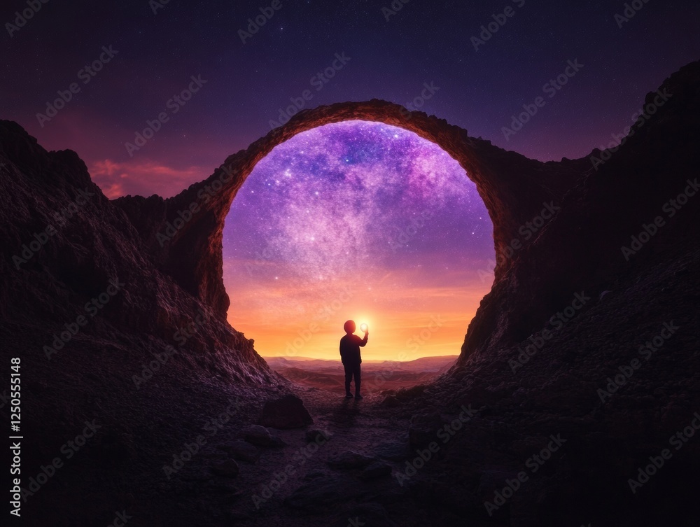 Aufkleber mystical retro futurism child silhouette with glowing orb at cosmic crater - sci-fi visuals for imme