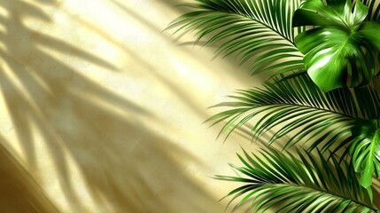 Obraz premium Green tropical palm leaves casting soft shadows on a warm yellow wall. A minimalistic and natural background with a summer vibe.