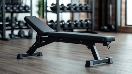 Fototapeta premium A black adjustable weight bench sits in a modern gym. Dumbbells are in the background, suggesting a workout environment. The bench is clean and well-maintained