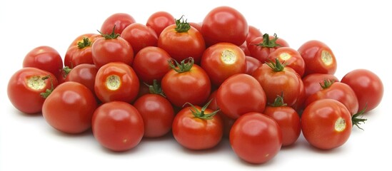 Fresh ripe red tomatoes piled against a clean white background showcasing their vibrant color and healthy appearance.